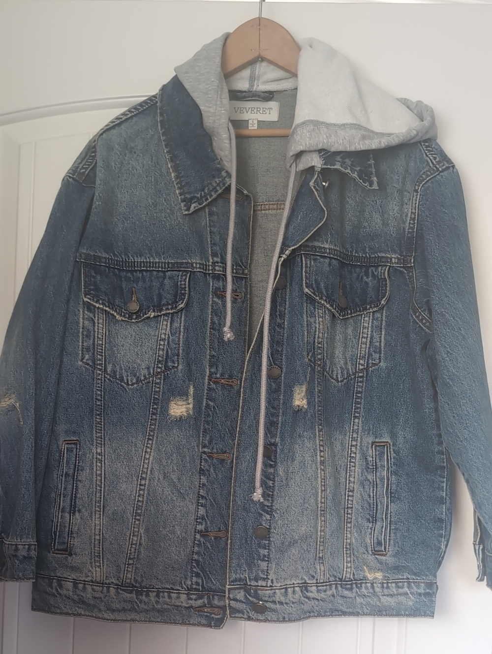 Veveret Women's Blue Denim Jacket with Gray Hood